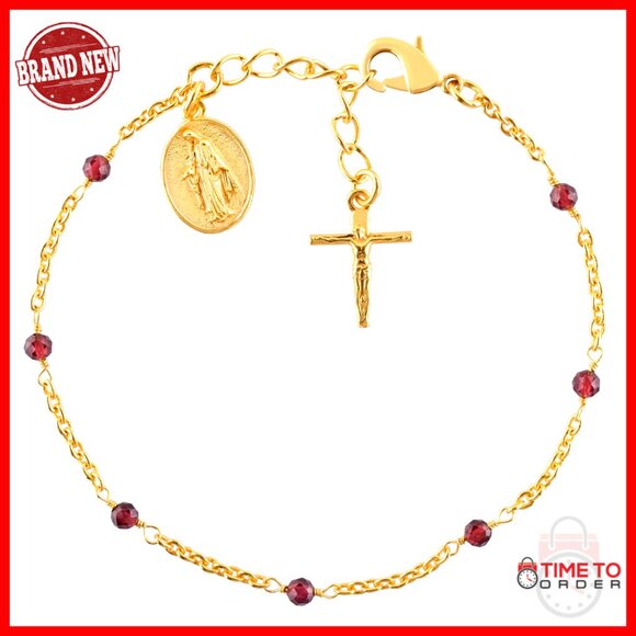 Jewelry - Faceted Garnet Bracelet 18K Gold Plated Lobster Clasp Adjustable Faith Charm